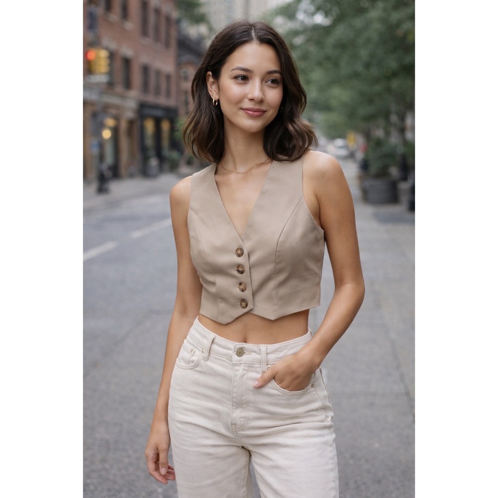 Anthropologie Mare Mare Cropped Waistcoat Vest Tan Khaki Button Front Small